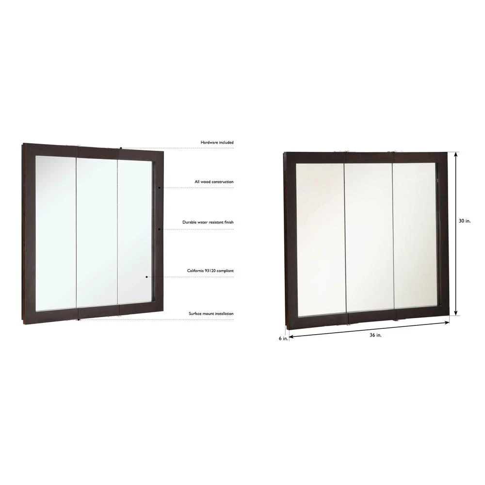 Ventura 36 In. W X 30 In. H X 6 In. D Framed Tri-View Surface-Mount Bathroom Medicine Cabinet In Espresso 9 Ventura 36 In. W X 30 In. H X 6 In. D Framed Tri-View Surface-Mount Bathroom Medicine Cabinet In Espresso - Image 7