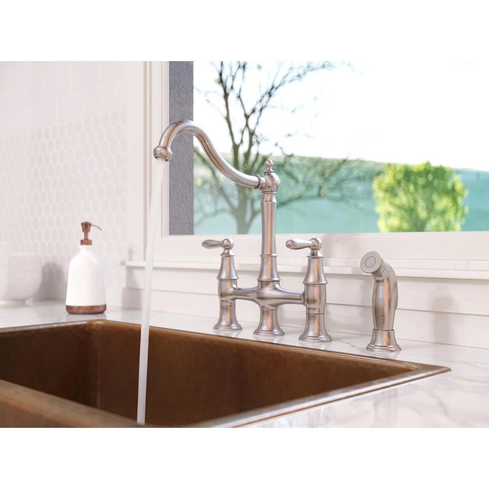 Courant Two Handle Bridge Kitchen Faucet With Side Spray In Stainless Steel 8 Courant Two Handle Bridge Kitchen Faucet With Side Spray In Stainless Steel - Image 6