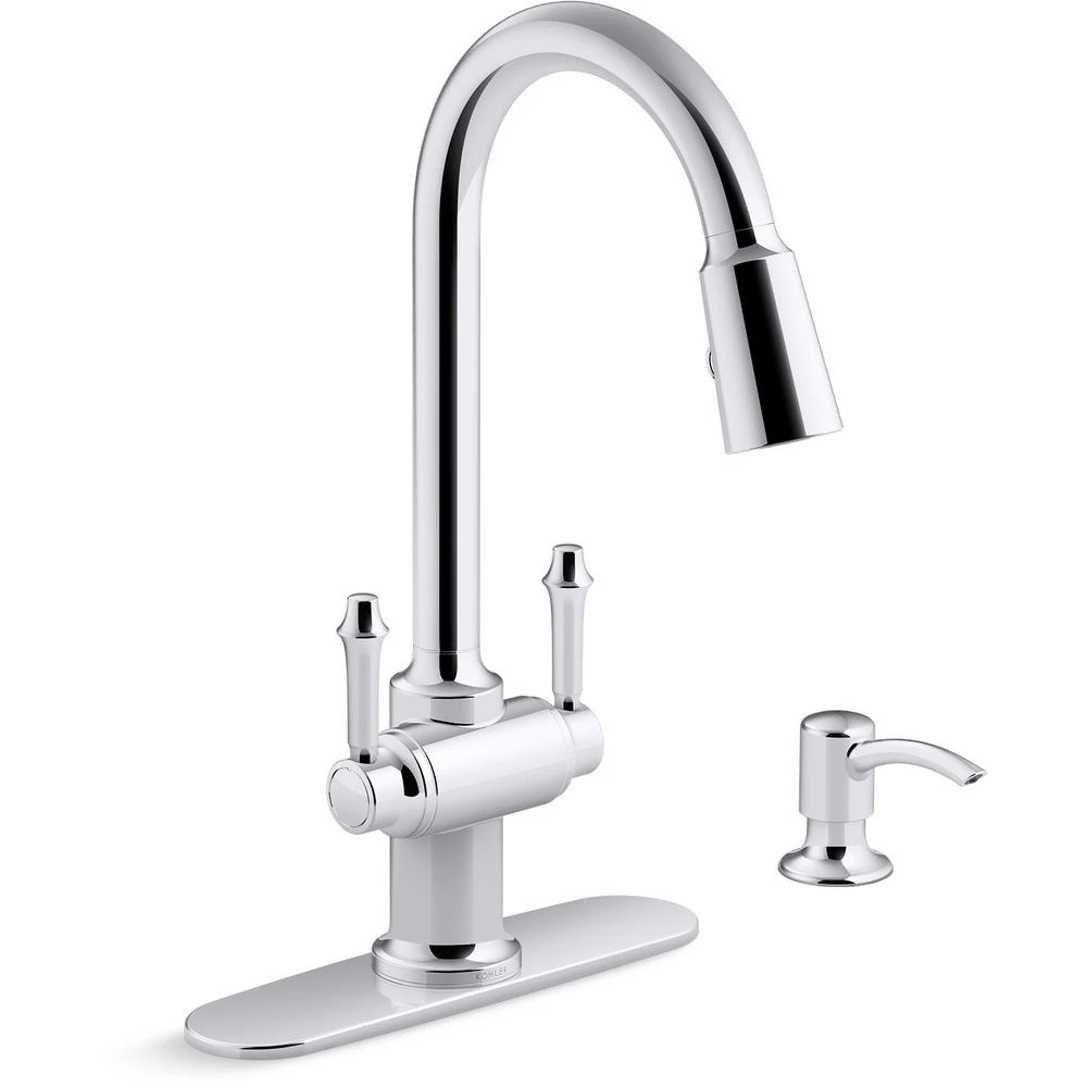 Thierry Two Handle Pull-Down Sprayer Kitchen Faucet With Soap Dispenser In Polished Chrome 3 Thierry Two Handle Pull-Down Sprayer Kitchen Faucet With Soap Dispenser In Polished Chrome