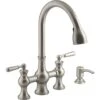 Capilano 2-Handle Bridge Farmhouse Pull-Down Kitchen Faucet With Soap Dispenser And Sweep Spray In Vibrant Stainless